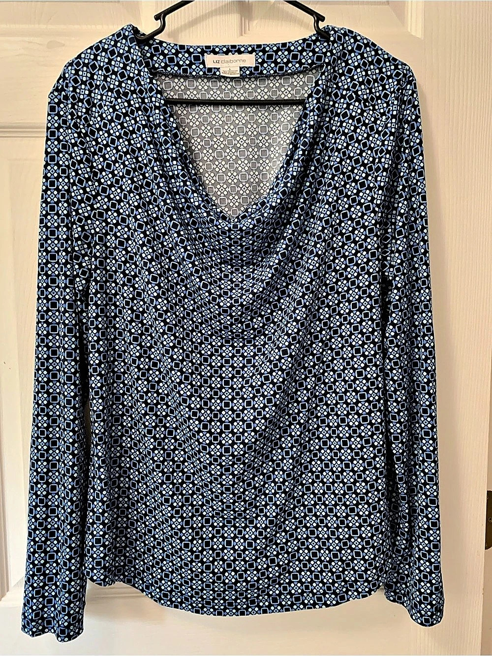 Liz Claiborne Geometric Cowl Neck Blouse in Blue & Black